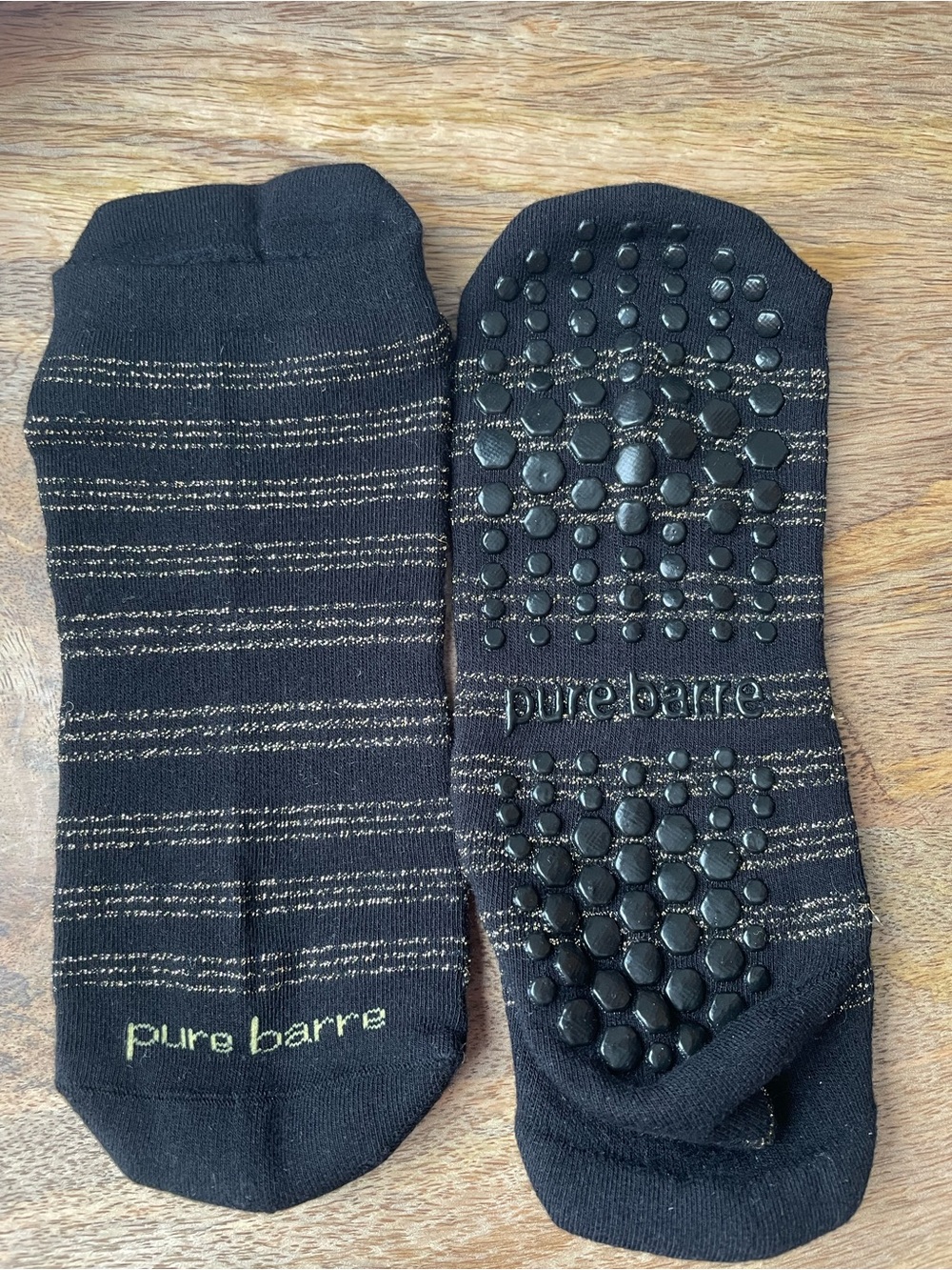 Pure Barre Glittery Gold Striped Low Rise Grip Socks with Silver Lettering NWOT
